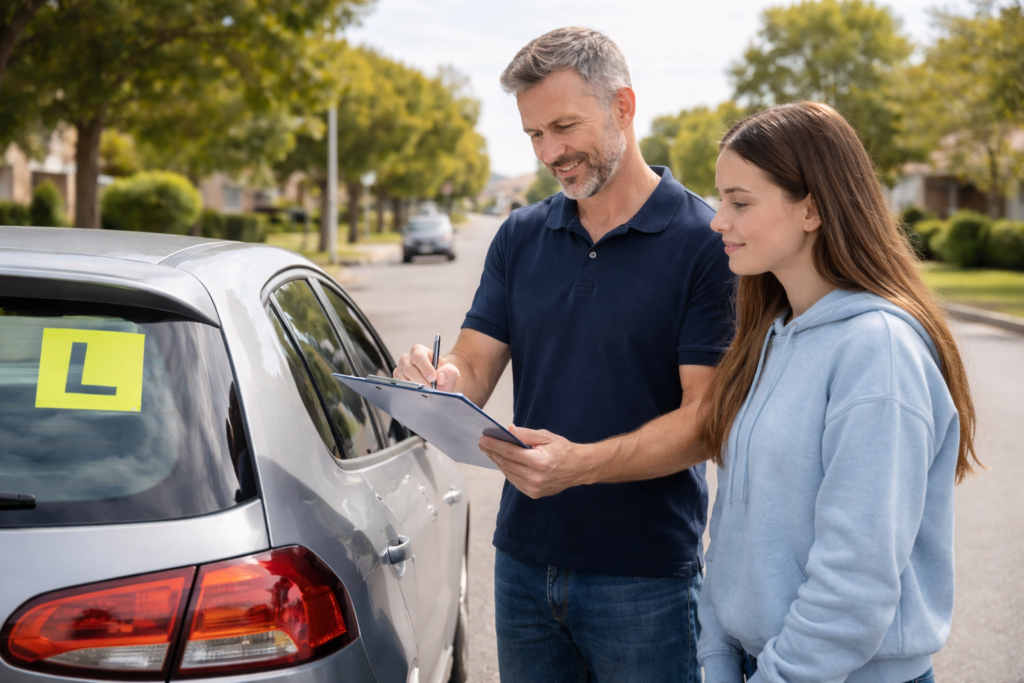 Driving instructor explaining road test techniques to a learner driver