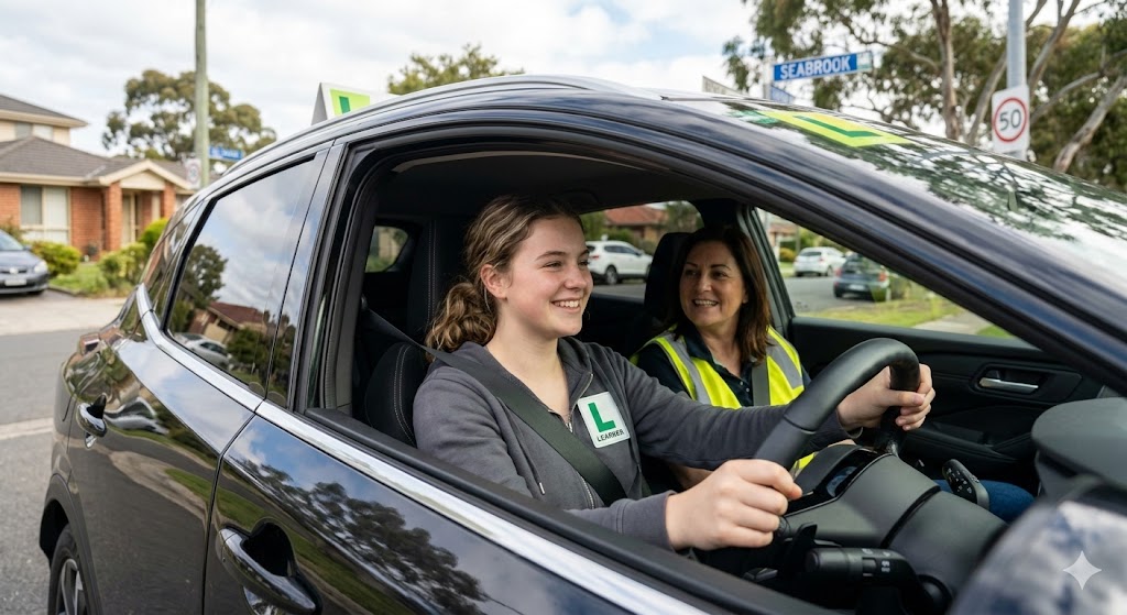 A young learner driver smiling confidently inside a modern car during a driving lesson in Seabrook