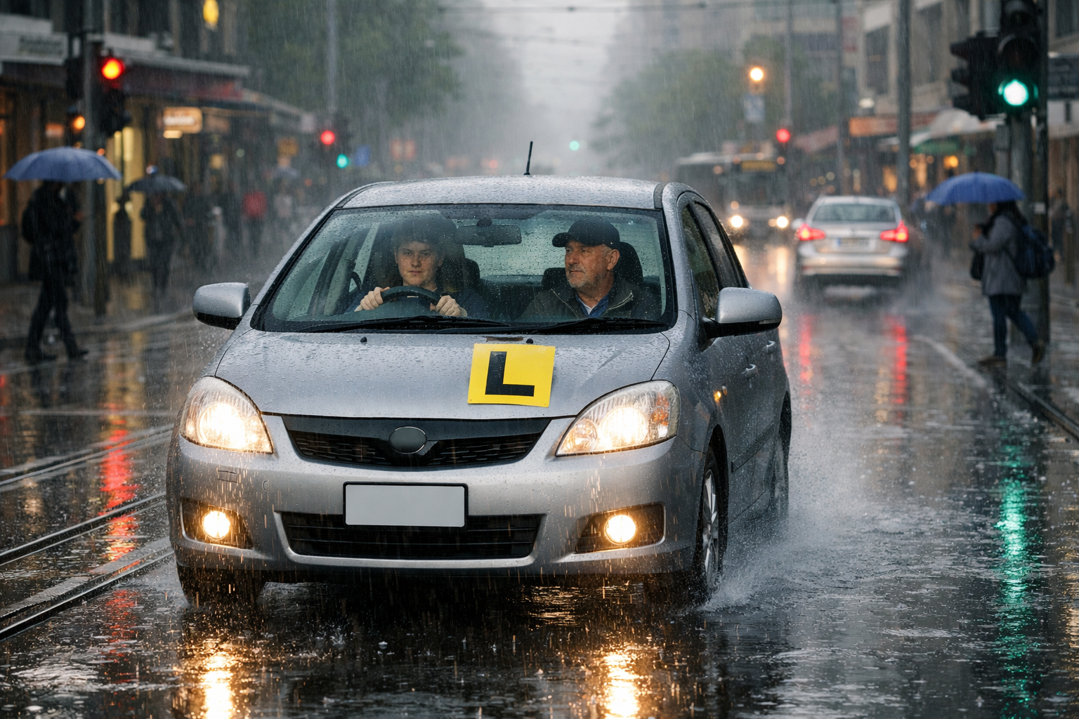 Learner driver practicing in heavy rain on a Melbourne street with instructor and L plate visible