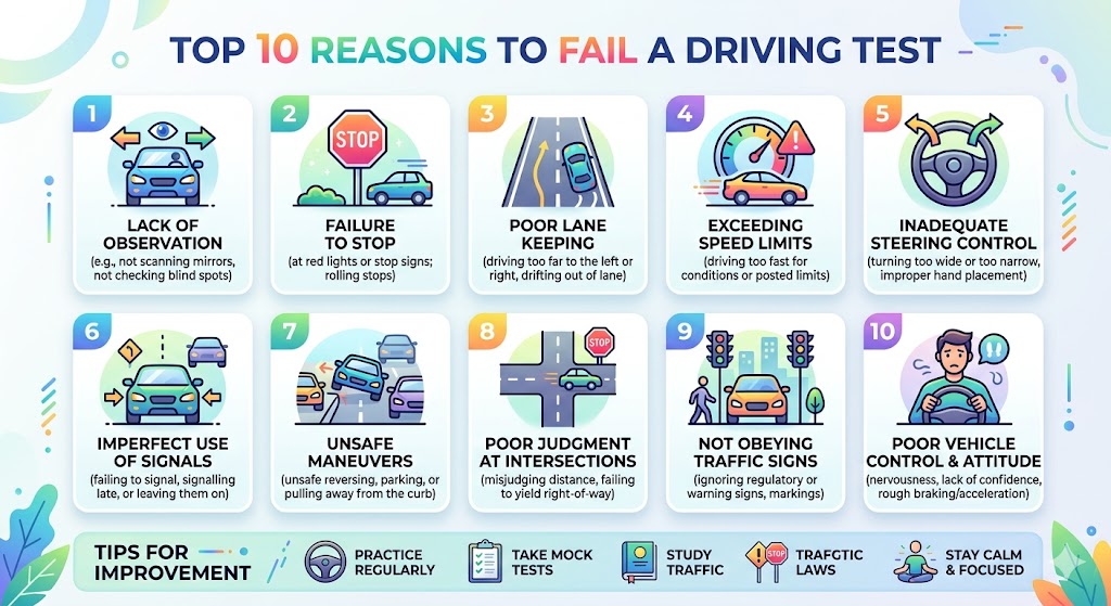 reasons to fail driving test